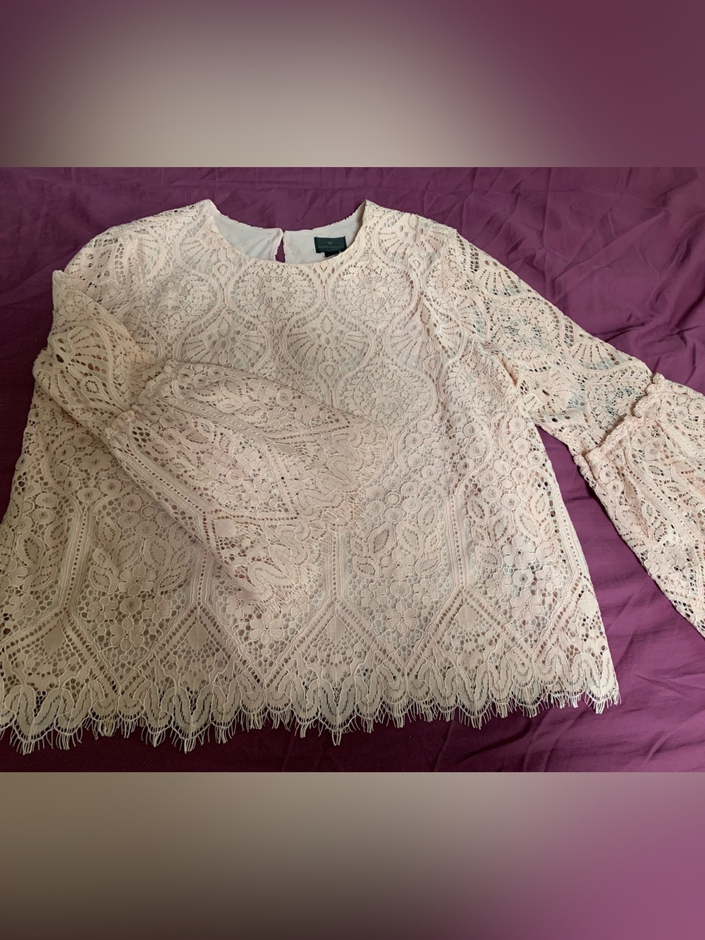 Pink lace top with long bell sleeves by Worthington size L